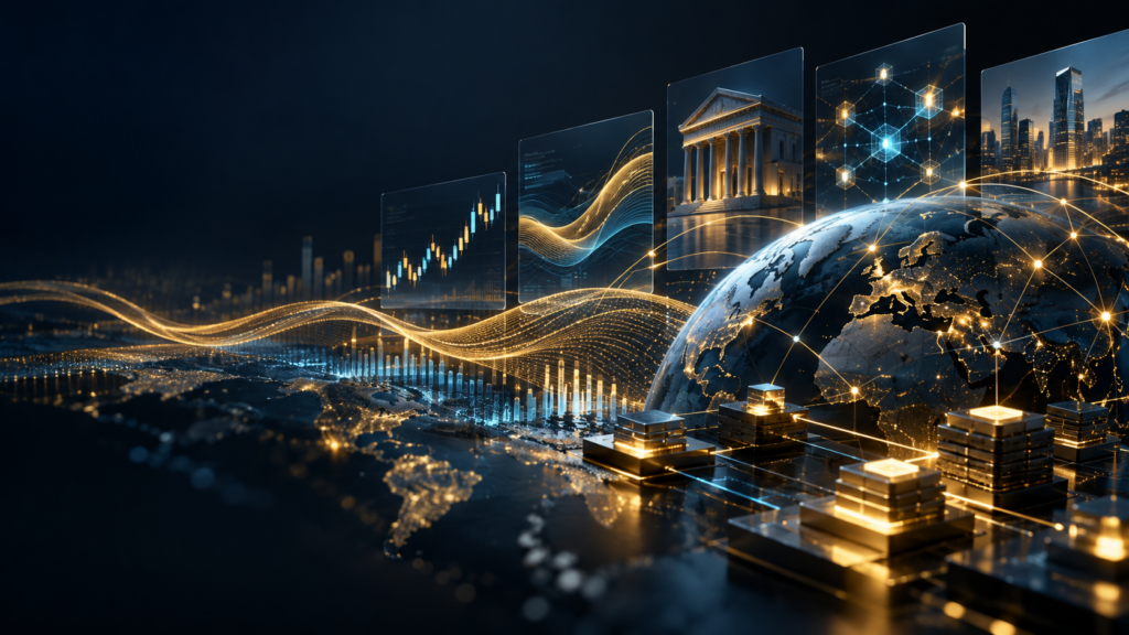 Análisis abstracto del mercado blockchain con liquidez, flujos institucionales y señales financieras globales