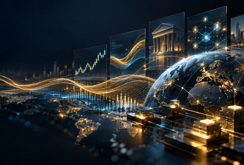 Abstract blockchain market analysis with liquidity, institutional flows and global financial signals