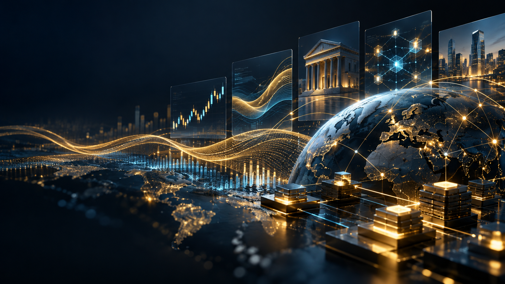 Abstract blockchain market analysis with liquidity, institutional flows and global financial signals